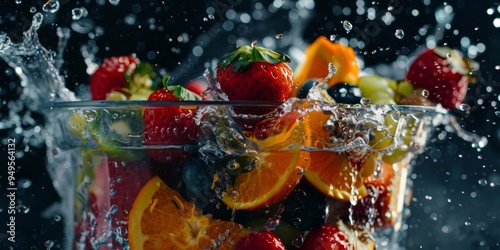 Fresh Fruit Salad with Water Splash and a Black Background