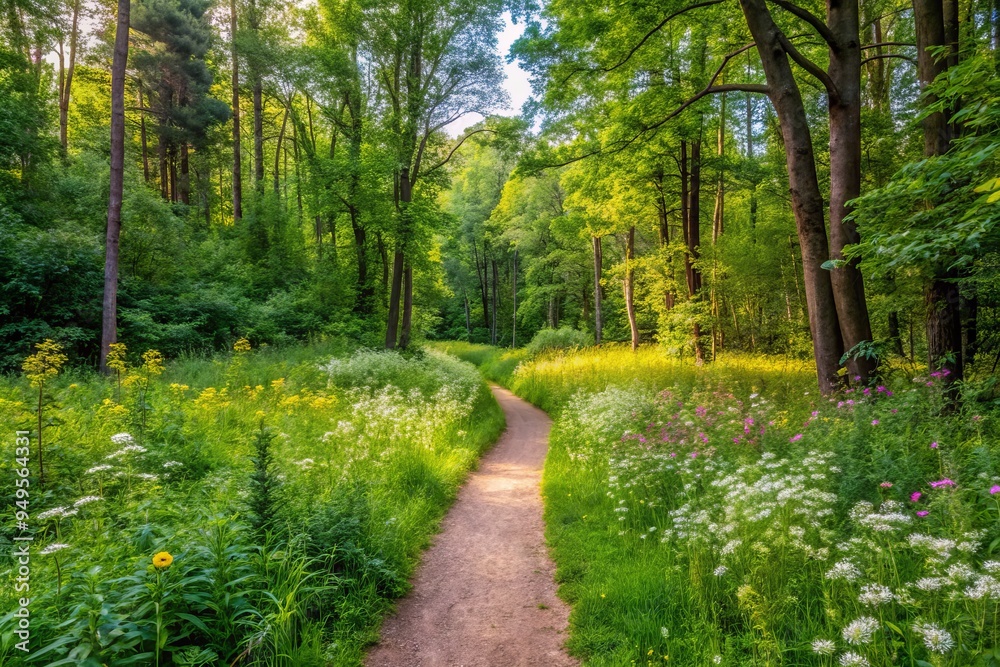 a photo image of an empty trail winding through a dense forest, the dirt path worn and overgrown with tall grasses and wildflowers a photo image of an empty trail winding through a dense forest, the dirt path worn and overgrown with tall grasses and wildflowers