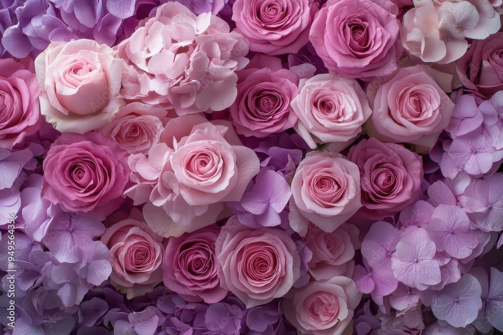 Pink and Purple Rose Wall, Luxurious and Lush Floral Arrangement, Romantic Blooming Flowers
