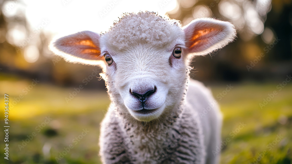 Curious lamb with wide, sparkling eyes captivated by the camera in a tranquil, sunlit pasture