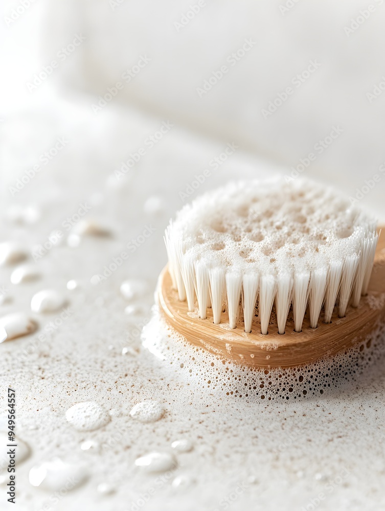 A close-up of a scrubbing brush in action on a bathroom surface, with clean space around it for text A close-up of a scrubbing brush in action on a bathroom surface, with clean space around it for text