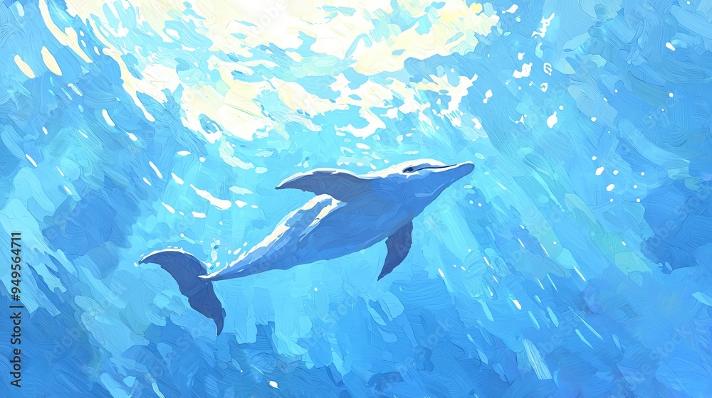 Obraz premium A serene depiction of a dolphin swimming gracefully through clear blue waters, showcasing the beauty of marine life.