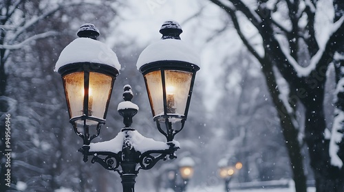 Snow-Covered Lamp Post in a Wintery Setting