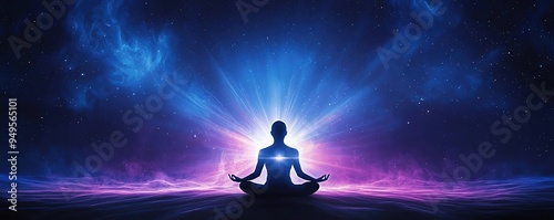 A serene figure meditating, surrounded by vibrant cosmic lights, representing peace, energy, and spiritual awakening.