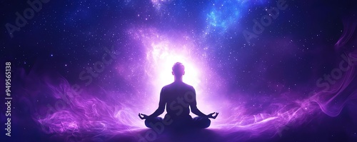 A serene figure meditating in a cosmic realm filled with vibrant colors, promoting peace and spiritual connection.