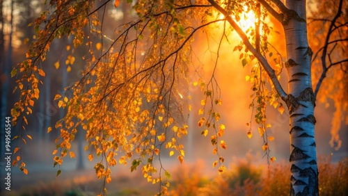 Soft, ethereal backlight of a dark orange evening illuminates the delicate foliage of a wispy birch tree, whispering leaves, and a sense of longing, a realistic photo image.