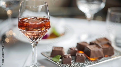 A crystal glassed trademark drink for dessert served with a tiny platter of handmade chocolates photo