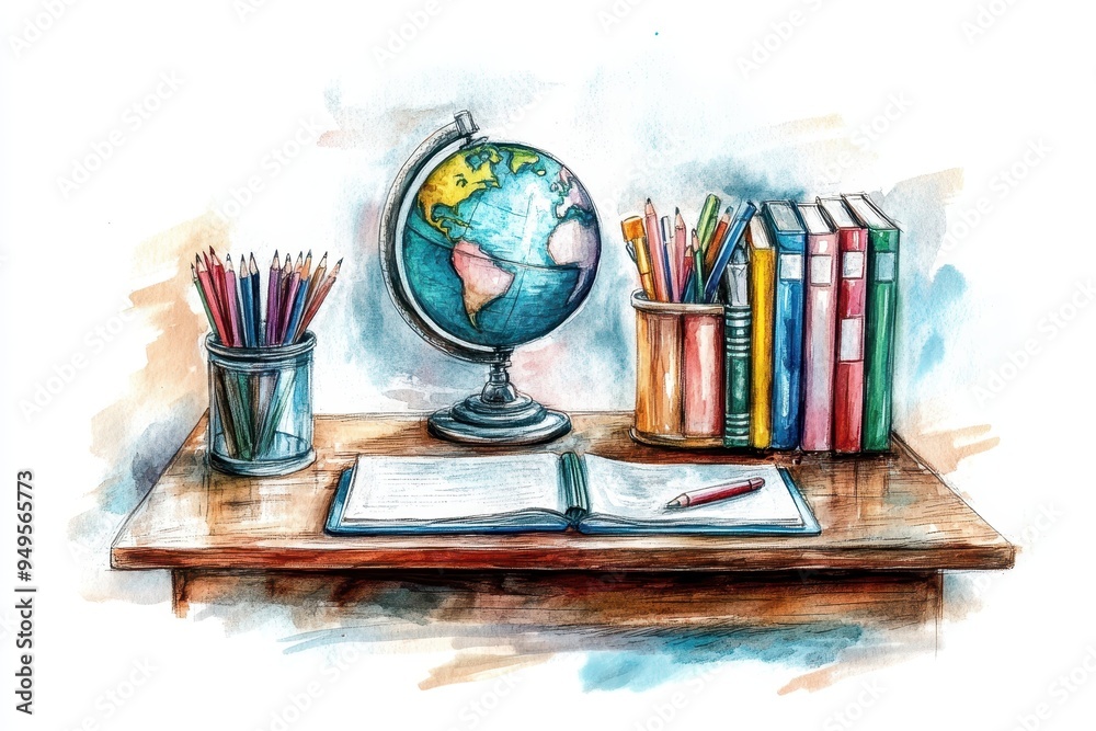 A watercolor painting of a classroom desk with a globe, colored pencils, books, and an open notebook. A watercolor painting of a classroom desk with a globe, colored pencils, books, and an open notebook.