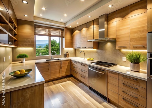 Photo image of a modern kitchen with recessed lighting above the sleek countertops and sink, warm beige walls, and softwood cabinets.