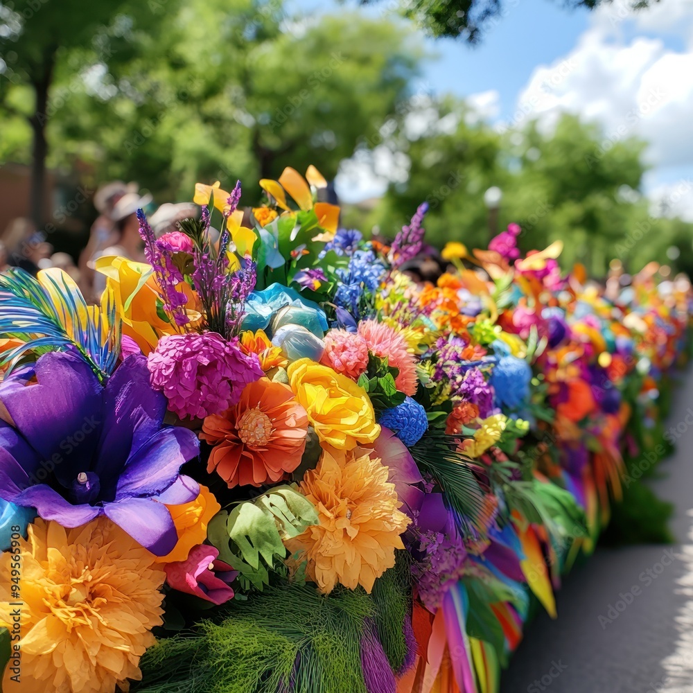 A parade float decorated with vibrant flowers and colorful banners, with onlookers lining the streets