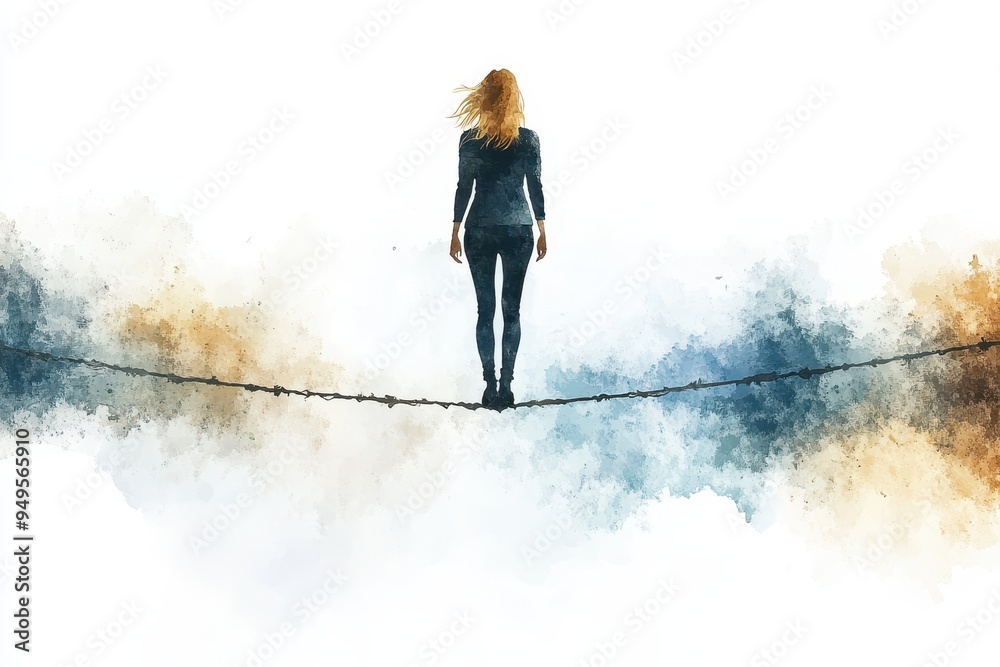 A watercolor painting depicting a figure standing on a tightrope against a backdrop of blue and orange hues. A watercolor painting depicting a figure standing on a tightrope against a backdrop of blue and orange hues.