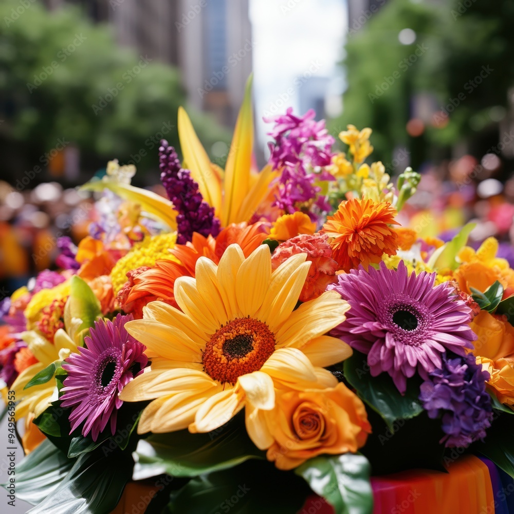 A parade float decorated with vibrant flowers and colorful banners, with onlookers lining the streets