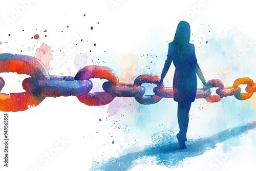 A watercolor painting showcasing a silhouette of a woman standing next to a chain. The chain features vibrant colors 