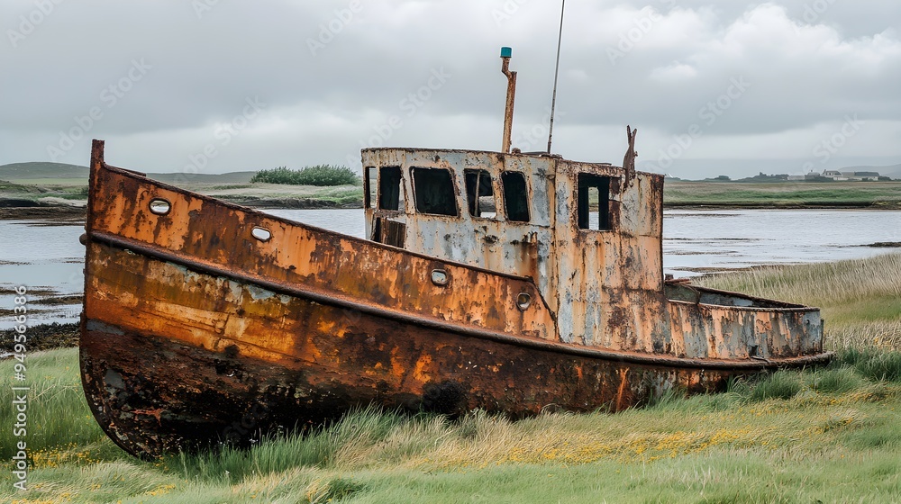 A dilapidated iron fishing boat, heavily rusted and abandoned on the coast A dilapidated iron fishing boat, heavily rusted and abandoned on the coast