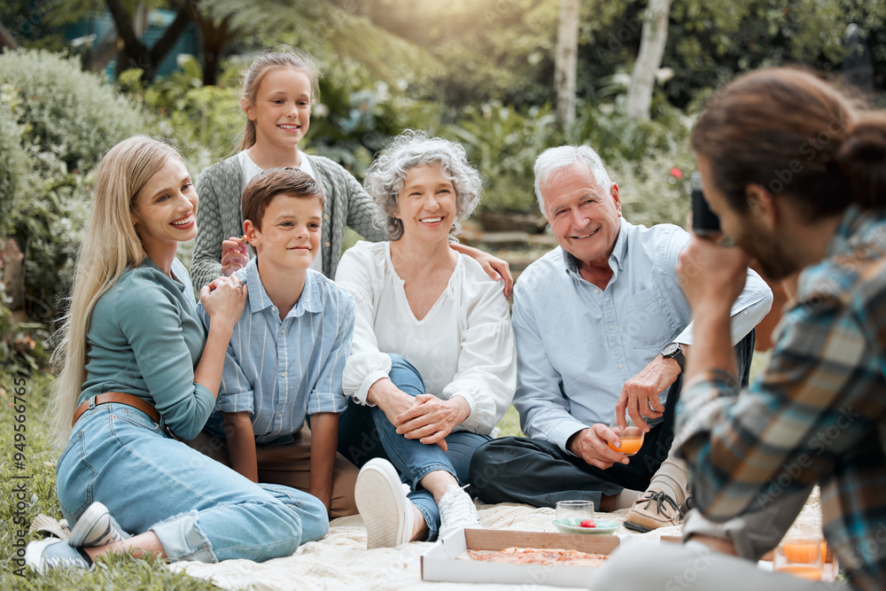 Photograph, picnic and smile with family outdoor together for bonding, fun or love in summer. Food, group picture and nature with happy senior people, parents and children in park for wellness