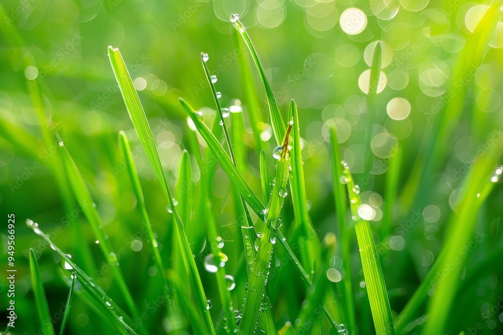 Fototapeta premium Close-up of fresh green grass covered in glistening water droplets, Sparkling dew drops glistening on fresh green grass