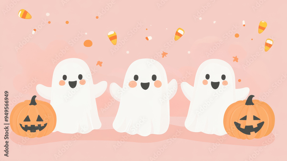 Naklejka premium Cute pastel Halloween card with friendly ghosts and pumpkins, on a light pastel pink backdrop with candy corn.