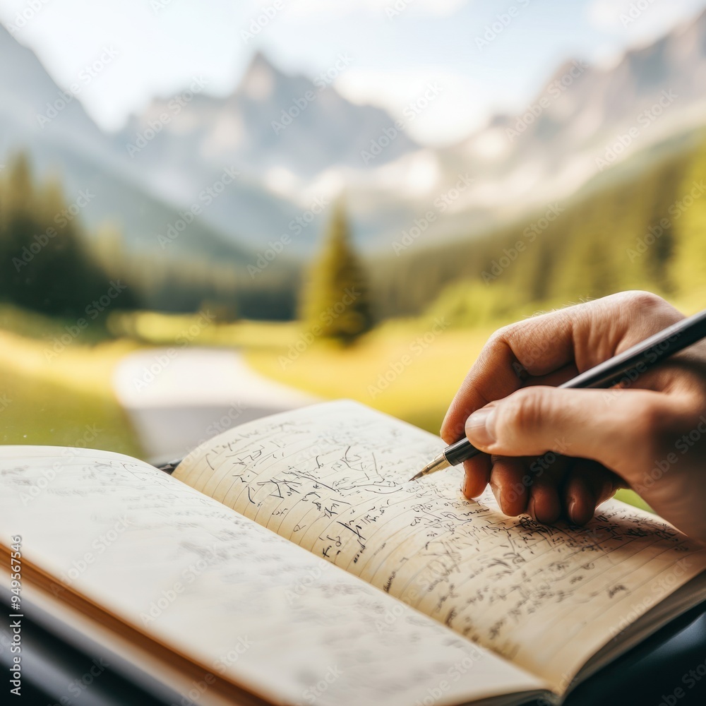 A road trip journal being filled out in the passenger seat, with notes and sketches