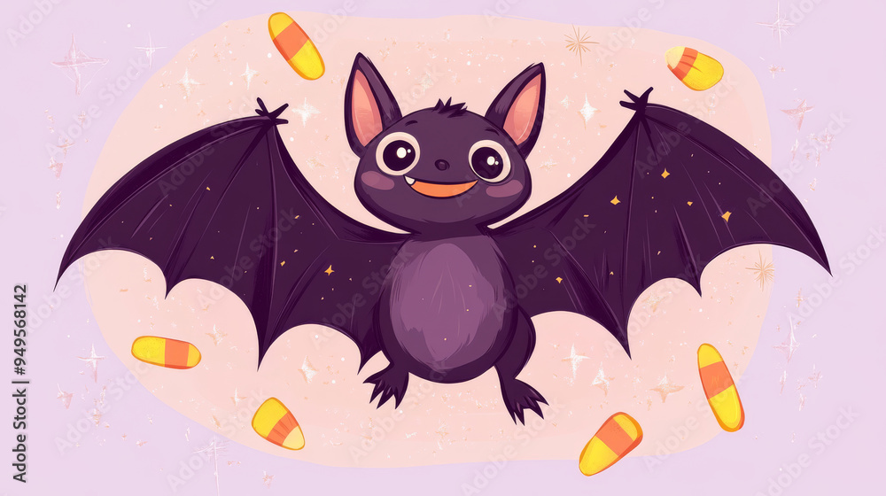 Cute illustrator-style Halloween card with a smiling bat and candy corn, on a light pastel lavender backdrop with stars.