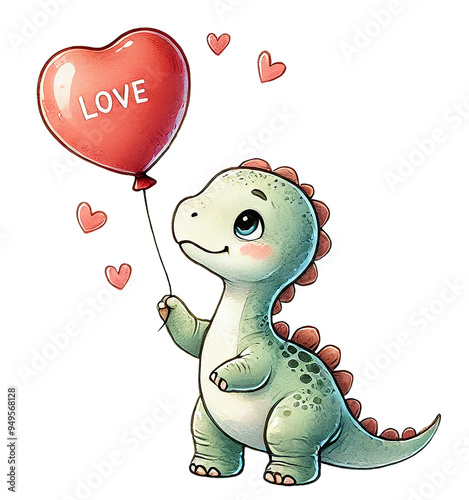 baby Brachiosaurus dropping heart-shaped love letters from the balloon.