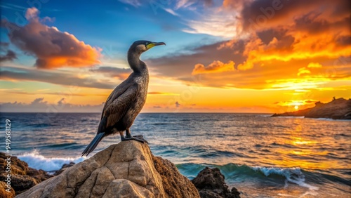 Photo image of a flightless cormorant perched on a rocky outcropping, its webbed feet splayed wide as it gazing out at a vast, serene ocean landscape at sunset.