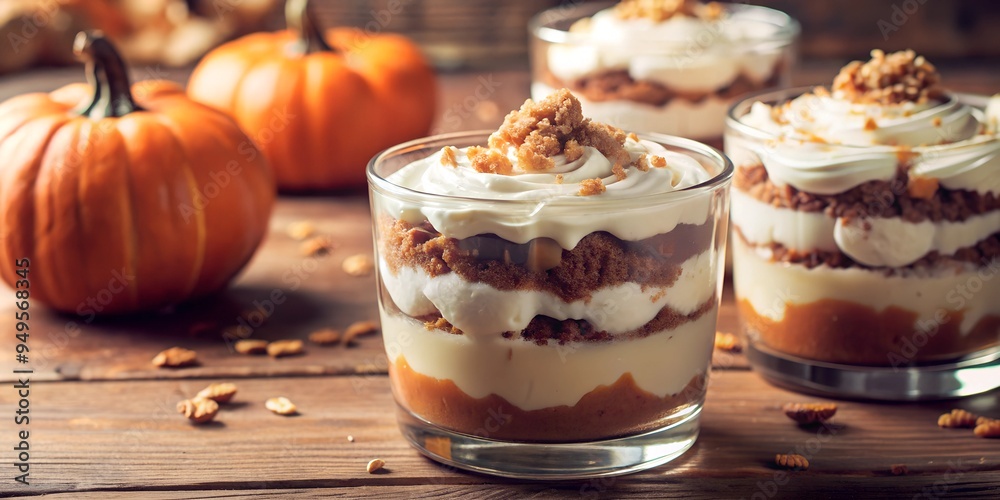 Pumpkin trifle dessert in glass bowls, layered with cream and crumble, set against a rustic wooden background. Perfect for autumn celebrations and seasonal treats. Pumpkin trifle dessert in glass bowls, layered with cream and crumble, set against a rustic wooden background. Perfect for autumn celebrations and seasonal treats.