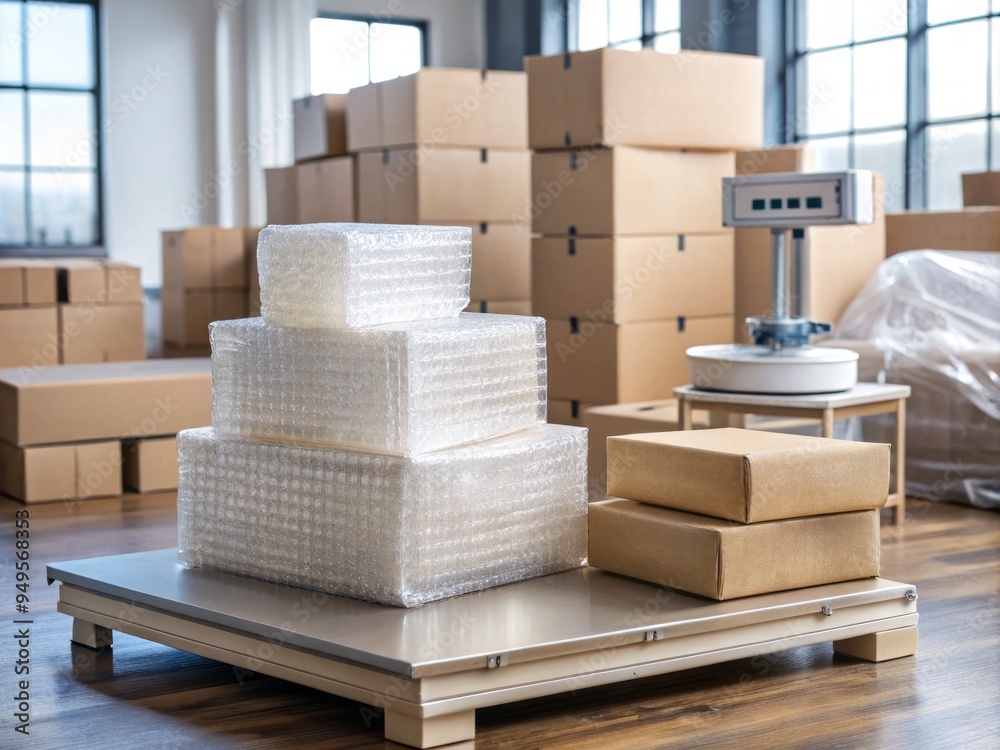 A photo image of stacked boxes wrapped in bubble wrap and foam inserts, neatly arranged on a table, with a precision scale in the background. A photo image of stacked boxes wrapped in bubble wrap and foam inserts, neatly arranged on a table, with a precision scale in the background.