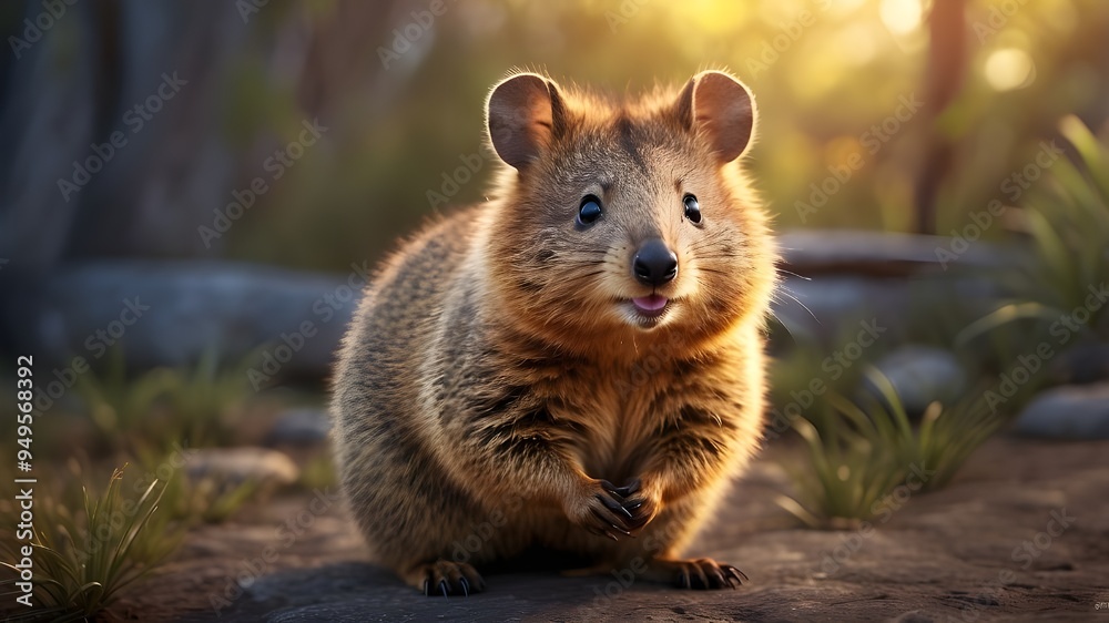 At dusk, an adorable quokka with a smile on its face looks at the camera. Australian wildlife. AI-generated, photorealistic illustration. At dusk, an adorable quokka with a smile on its face looks at the camera. Australian wildlife. AI-generated, photorealistic illustration.