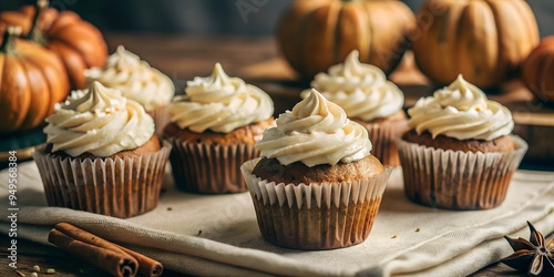 Pumpkin spice cupcakes topped with creamy frosting, set on a rustic table with pumpkins in the background. Ideal for autumn baking promotions and seasonal dessert menus.