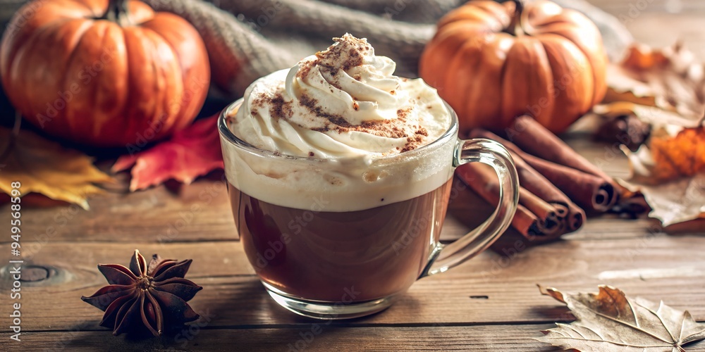 A close-up of a pumpkin spice latte with whipped cream, surrounded by autumn leaves and cinnamon sticks, set on a rustic wooden table, perfect for cozy fall moments. A close-up of a pumpkin spice latte with whipped cream, surrounded by autumn leaves and cinnamon sticks, set on a rustic wooden table, perfect for cozy fall moments.