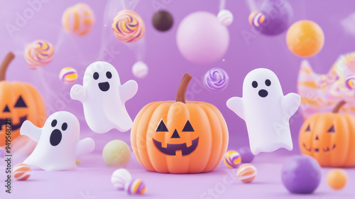 Cute Halloween card featuring playful pumpkins and ghosts, on a light pastel lavender backdrop with candy accents.