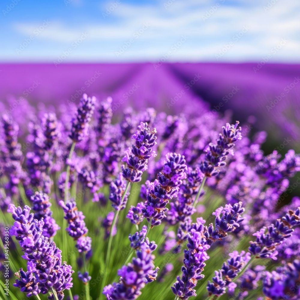 Naklejka premium A scenic view of a lavender field in full bloom, with a soft breeze carrying the fragrance