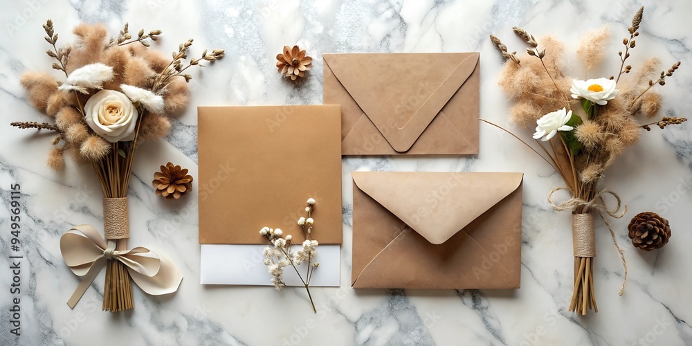 Mock up beige wedding stationery and dried floral arrangements on a marble background. Ideal for invitations, announcements, or wedding-themed designs. Mock up beige wedding stationery and dried floral arrangements on a marble background. Ideal for invitations, announcements, or wedding-themed designs.