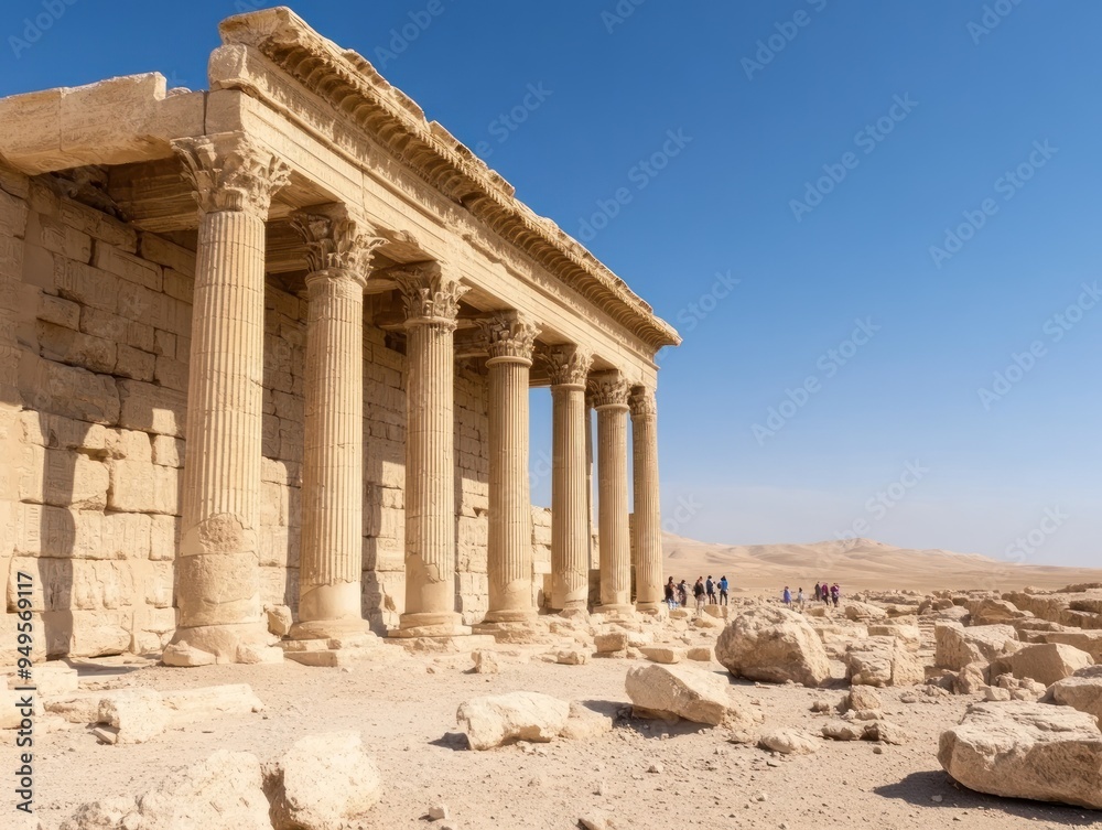 Obraz premium A scenic view of ancient ruins, with tourists exploring and taking photographs