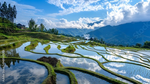 Yunnan Rice Terraces: The stunning rice terraces of Yuanyang in Yunnan, reflecting the sky in their flooded fields.
 photo