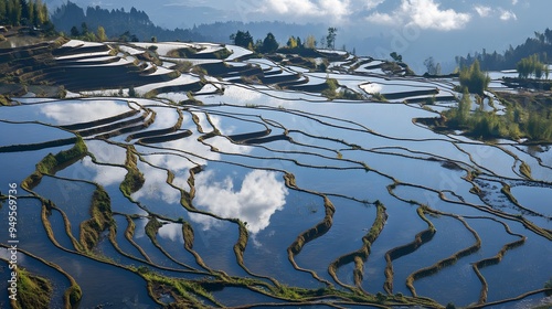 Yunnan Rice Terraces: The stunning rice terraces of Yuanyang in Yunnan, reflecting the sky in their flooded fields.
 photo