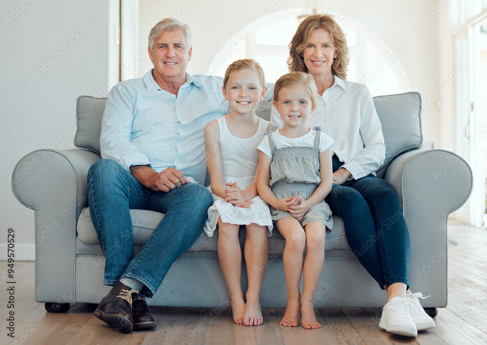 Grandparents, girls and happy on sofa in portrait at home for bonding, support and care in England. People, family and smile with kids on couch in living room to relax or chill for child development Grandparents, girls and happy on sofa in portrait at home for bonding, support and care in England. People, family and smile with kids on couch in living room to relax or chill for child development