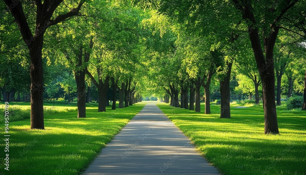A Paved Path Through a Lush Green Tree-Lined Park A Paved Path Through a Lush Green Tree-Lined Park