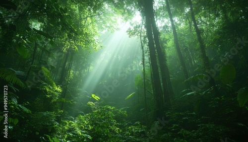 Sunbeams Piercing Through Dense Rainforest Canopy