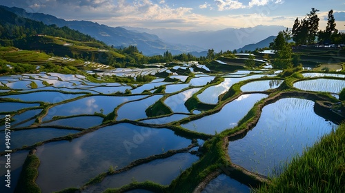 Yunnan Rice Terraces: The stunning rice terraces of Yuanyang in Yunnan, reflecting the sky in their flooded fields. 