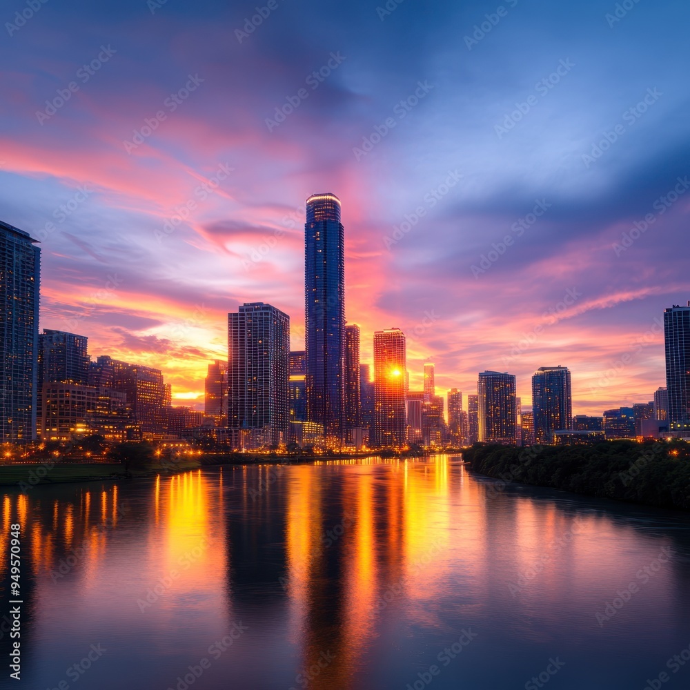 A skyline view at dusk, with skyscrapers lighting up and a river reflecting the city lights A skyline view at dusk, with skyscrapers lighting up and a river reflecting the city lights