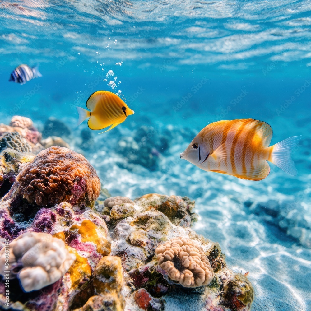 A snorkeling adventure, with vibrant fish swimming around coral reefs in crystal-clear waters