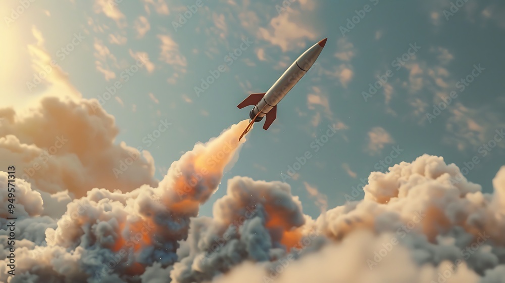 A toy missile shoots into the air trailing smoke behind it