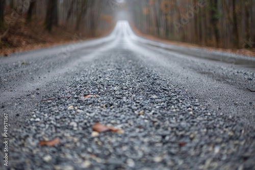 Wallpaper Mural A deserted road passing through a dense forest, scattered with speckled gravel, Speckled gravel scattered across the road Torontodigital.ca