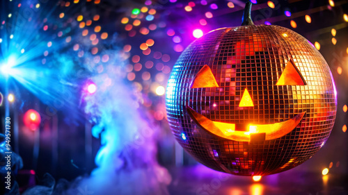 Halloween Disco Ball With Glowing Jack-O'-Lantern Face photo