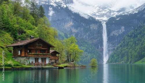 Wooden Cabin by a Tranquil Lake with a Majestic Waterfall and Snow-Capped Mountains in the Background