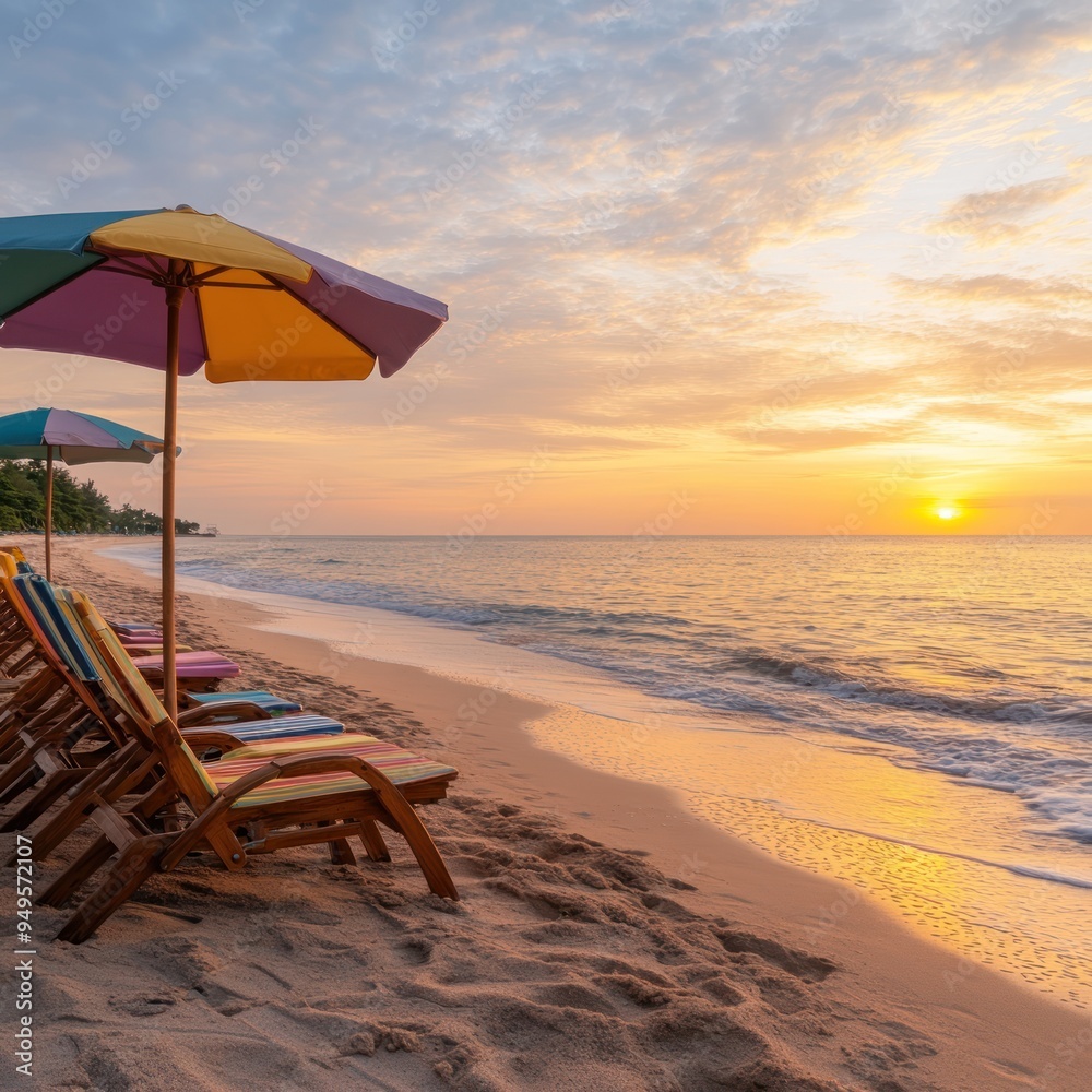 A sunset over a tropical beach, with colorful beach chairs and umbrellas lined up A sunset over a tropical beach, with colorful beach chairs and umbrellas lined up