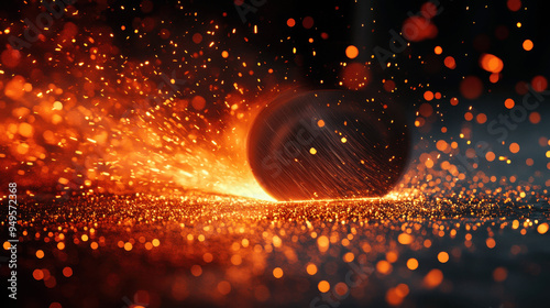 Close-up view of sparks flying as molten metal is shaped during metalworking in a workshop setting at dusk