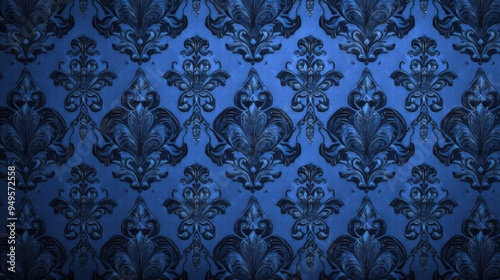 Dark Blue Damask Pattern Background, Ornate and Elegant Floral Design with Vintage Appeal 