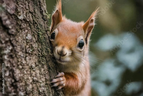 Curious Squirrel Peeking from Behind a Tree